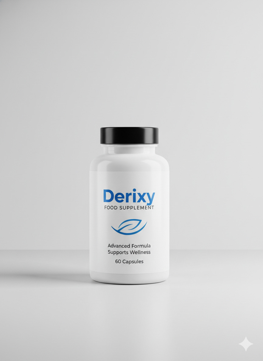 Derixy food supplement bottle standing on a neutral surface with soft studio lighting